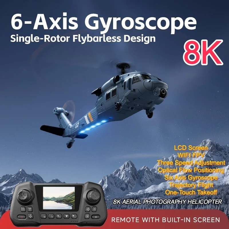 

Single-Rotor Flybarless Design 6CH Remote Control Helicopter 6 Axis Gyro 8K HD Camera Optical Flow Positioning RC Airplane Toys