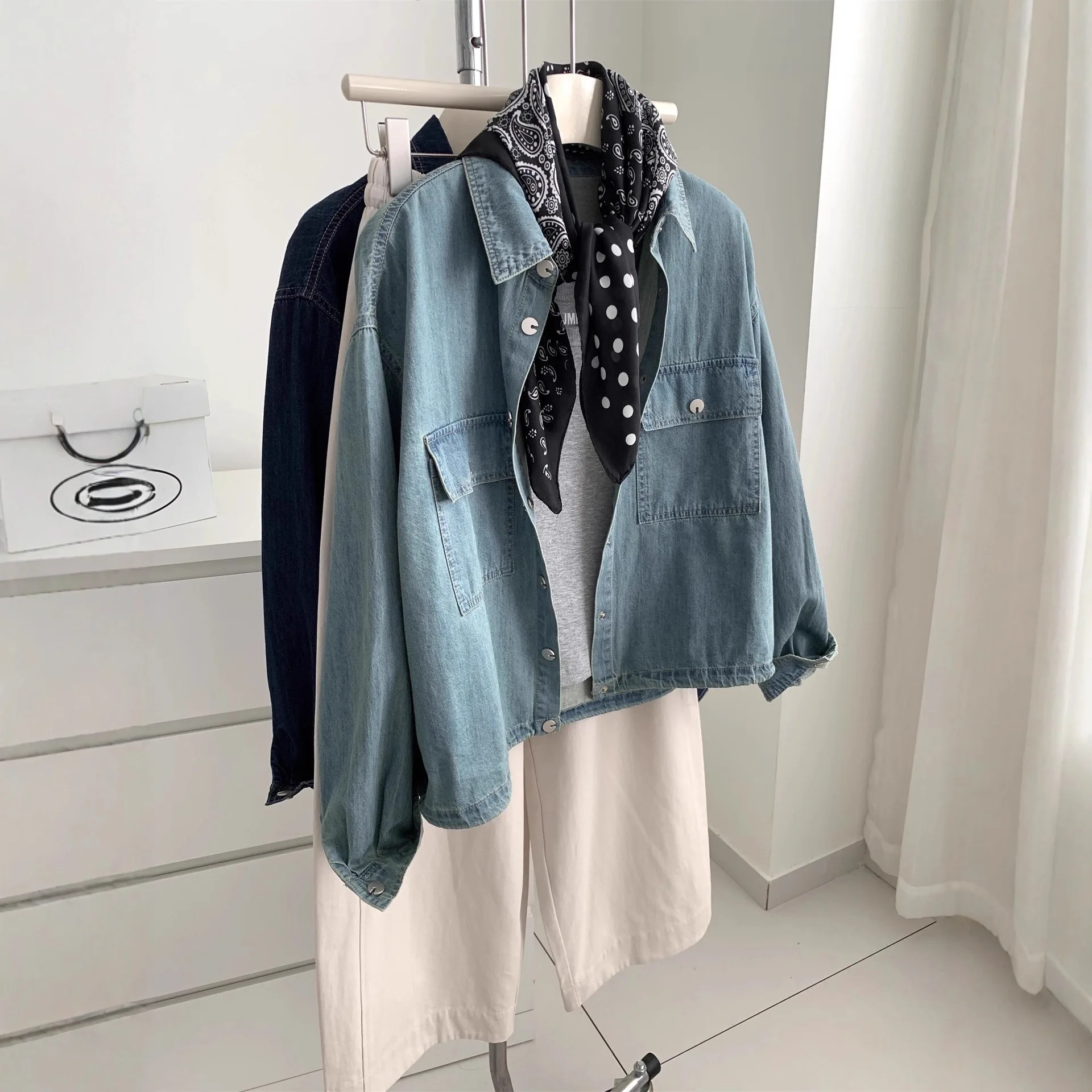 

Single Breasted Denim Jacket Women Solid Coats Long Sleeve Outerwear Spliced Pockets Loose Solid Washed Vintage 2025 Autumn