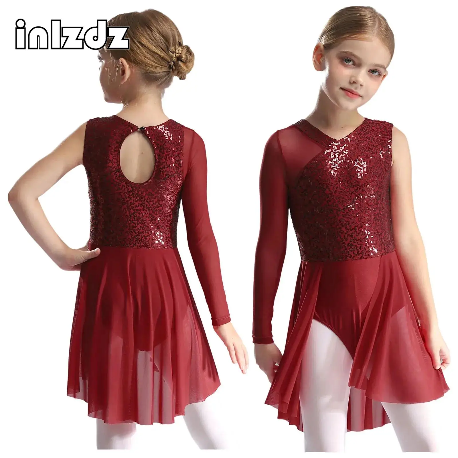 Kids Girls Gymnastics Leotard Figure Skating Lyrical Dance Costume Sequins One Shoulder Long Sleeve Ballet Jersey Dance Dress