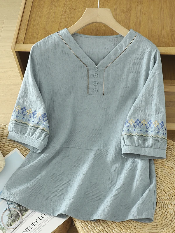 

Свободная футболка в стиле ретро из чистого хлопка ort Sve, корейский повседневный топ для лета, уменьшение возраста, вышитый V-Ne irt