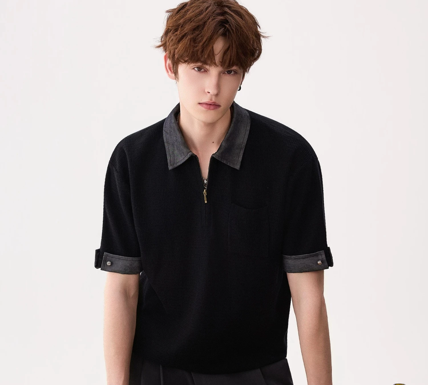 Men's Spring 2026 New High-end T-Shirts Denim Splicing Polo Knitted Short Sleeve Tees Male Handsome Simple Color Matching Tops