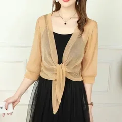 Fashion Women's Sheer Glitter Lace-up Cardigan Half Sleeve Summer Lightweight Jacket See-through Loose Blouse Women