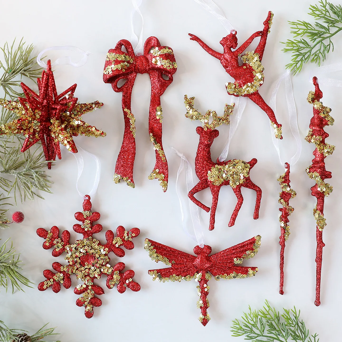 

2026 New 2Pcs Green Red Sequins Powdered PC Hanging Christmas Decoration Snowflake Hanging Christmas Tree Scene Arrangement