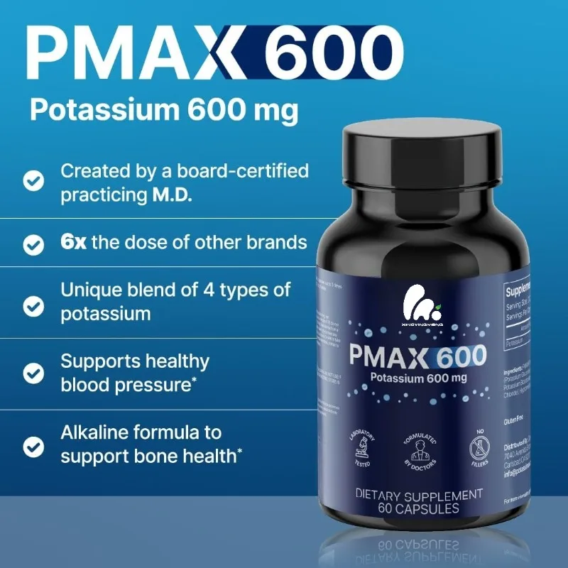 Cápsulas de suplemento de potássio 600 mg que contienen citrato, gluconato, bicarbonato, electrolitos de cloruro y apoyo para la salud renal
