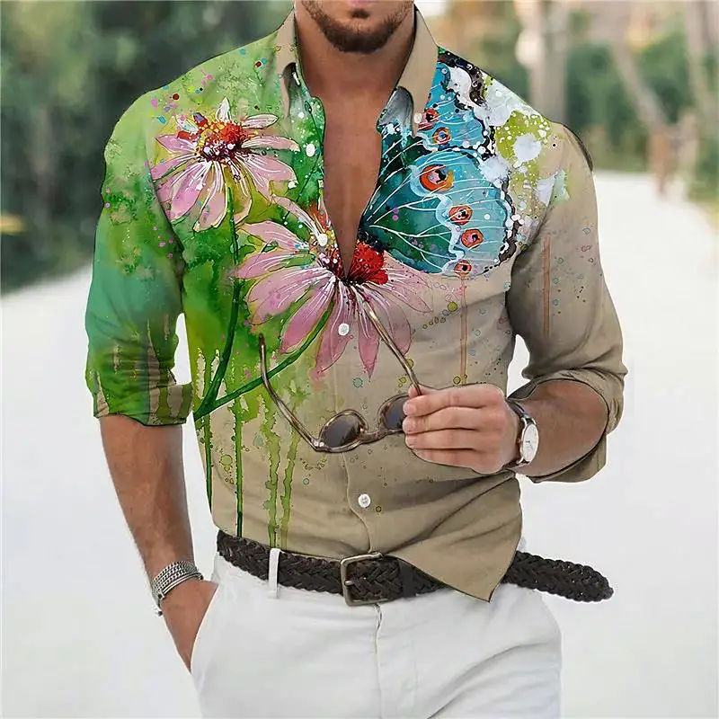 Fashion shirts men\'s Hawaiian Butterfly Shirt 3D printed long-sleeved flower shirt beach V-neck oversize T-shirt men\'s Clothing