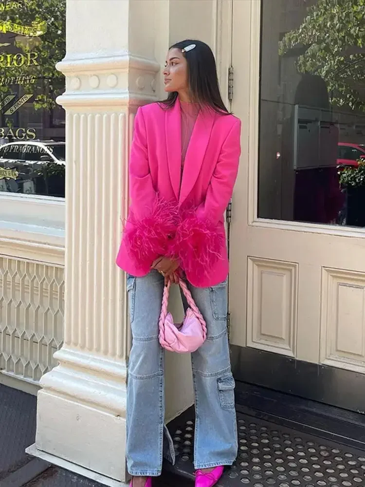 Fashion Women Feathers Sleeve Blazer Suit 2024 Spring Trend Chic Trousers 2 Piece Set Elegant Office Ladies Solid Suits Outfits