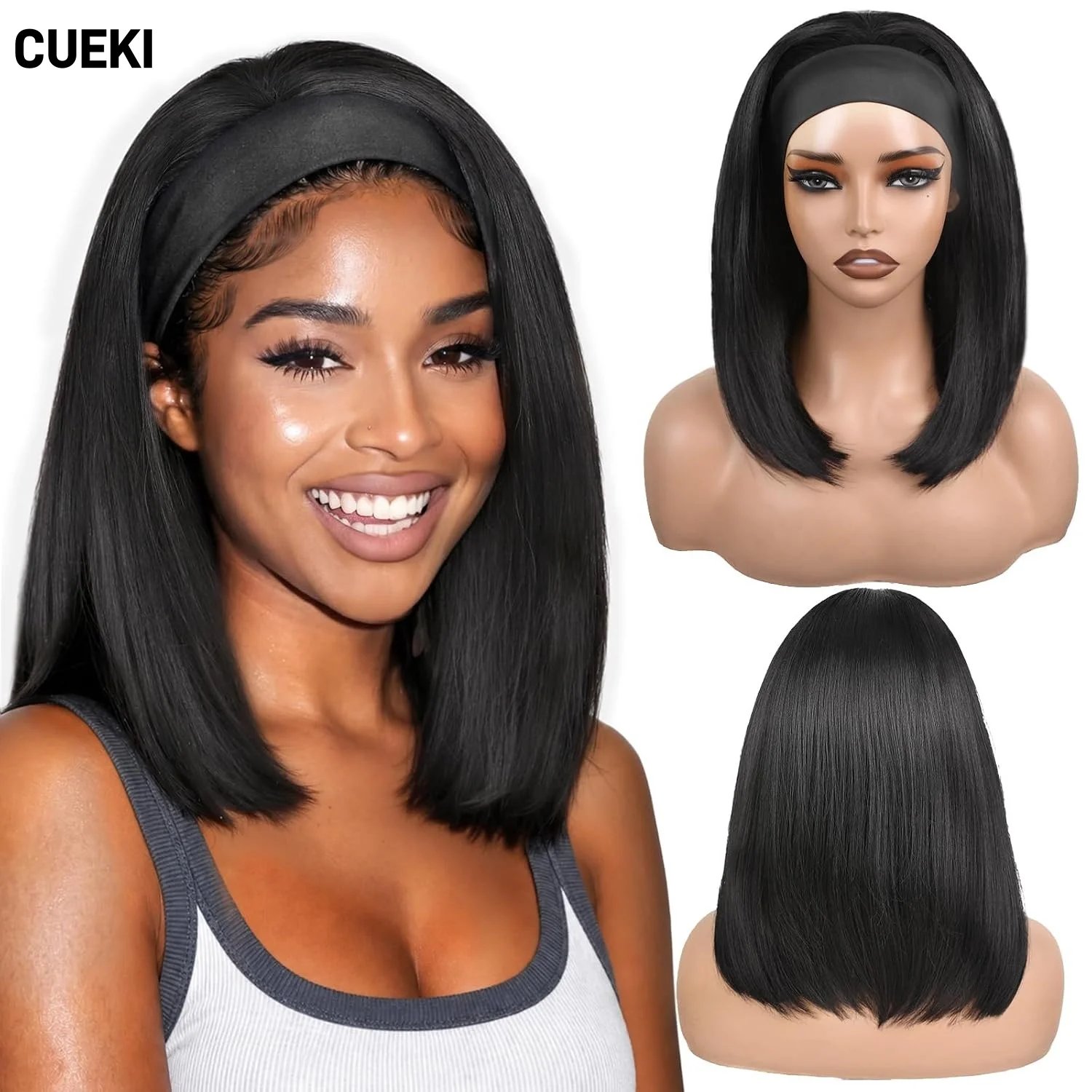 Cueki Straight Headband Bob Wig Synthetic Glueless for Black Women 1B 14Inchs