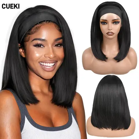 Cueki Straight Headband Bob Wig Synthetic Glueless for Black Women 1B 14Inchs