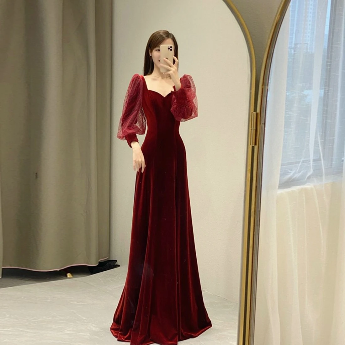 Velvet Prom Dress A-line Floor-length Gown with Sleeves Prom Dresses Customized