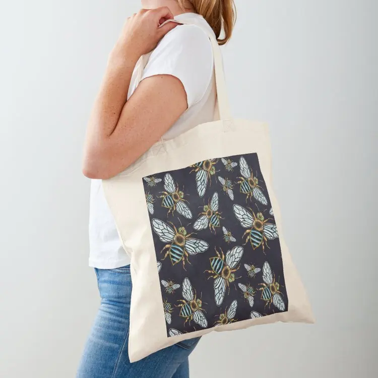 

Lino Print Blue Banded Bee Tote Bag canvas tote bags shopping bag cloth bag woman large size bags