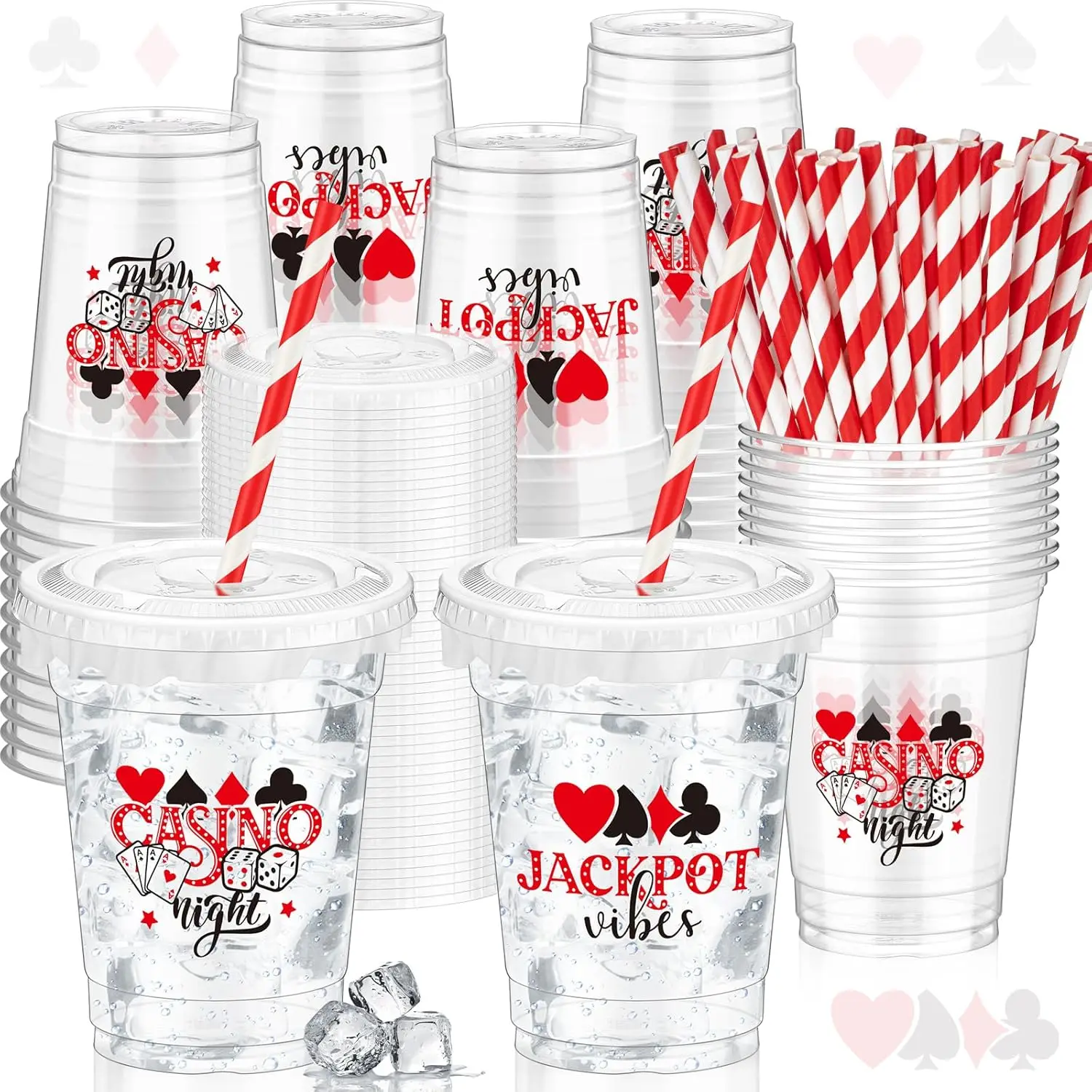 

50 Pcs Casino Night Cups, 12 oz Disposable Plastic Cups with Straws and Lids for Home Casino Night Themed Holiday Party
