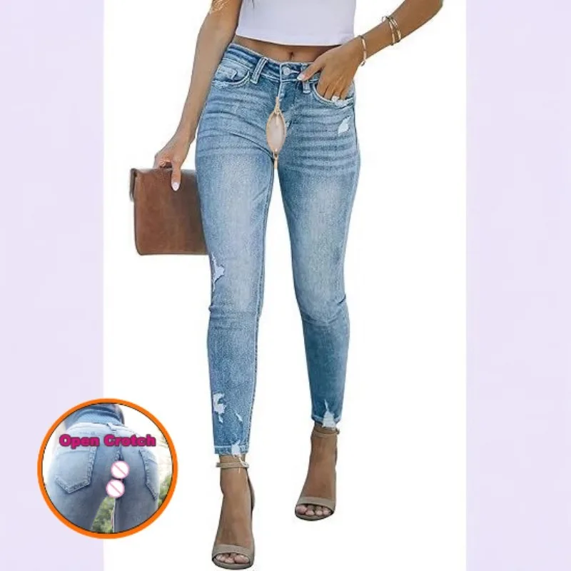 المرأة العصرية مفتوحة المنشعب ممزق الجينز مع انقسام تنحنح عالية الخصر تمتد غسلها الدينيم السراويل الشارع الشهير موضة عادية مريحة