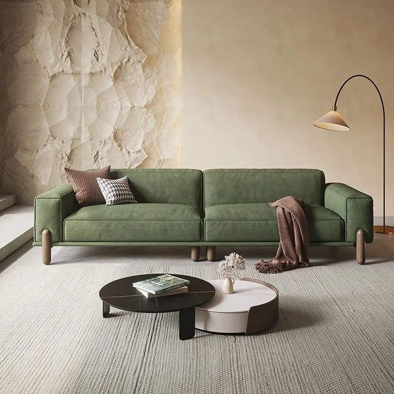 Retro flannel Japanese tofu blocks straight row three-person Italian minimalist solid wood corduroy fabric sofa
