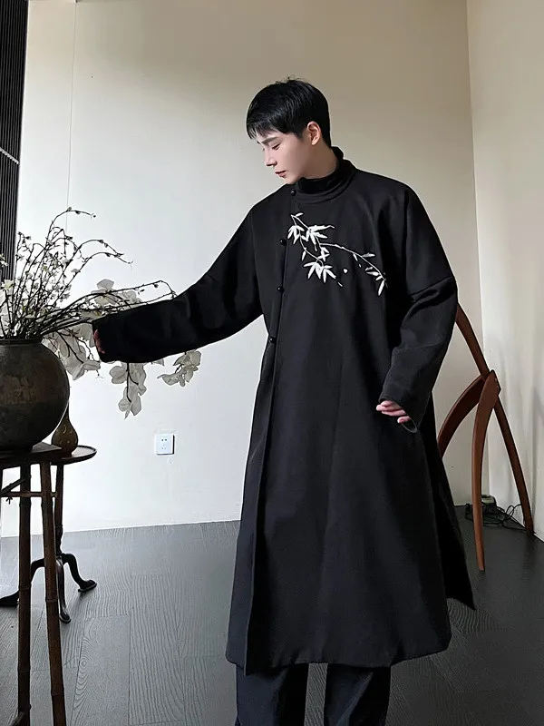 

New Chinese Sle Men's Woolen Coat Winter Faion Stand Collar Embroidery High-End Feeling Mid-Length Cool Sle Loose Fit