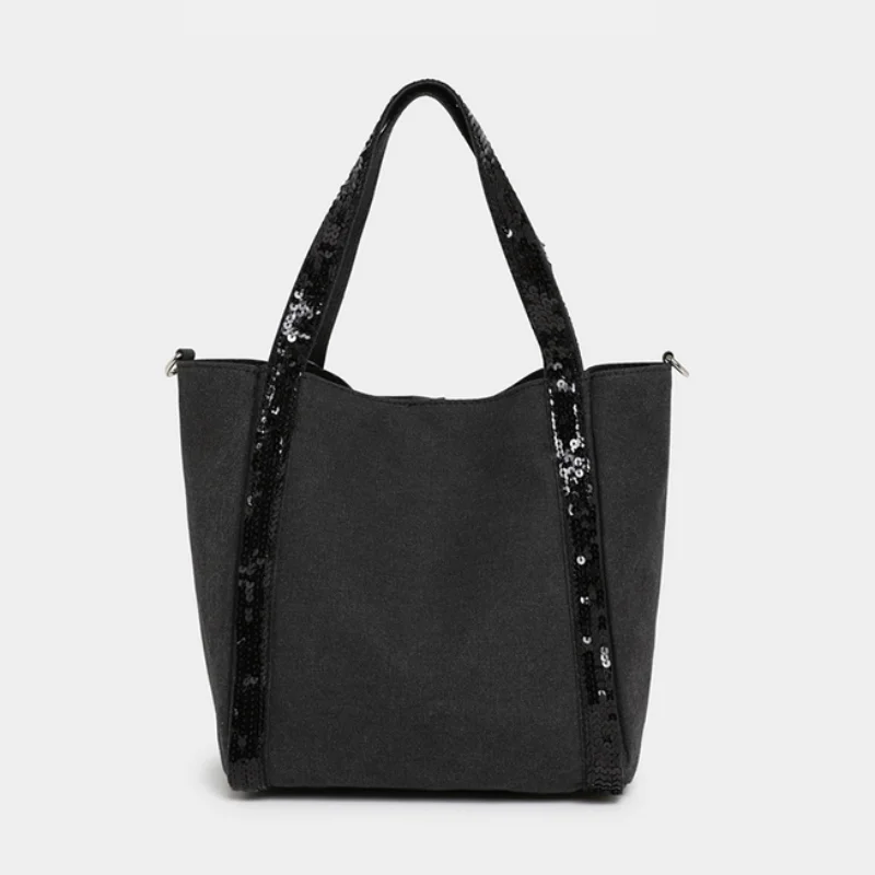 

New Canvas Sequin Tote Bag Women Large Capacity Contrast Color Retro Handbag Fashion Versatile Advanced Texture Crossbody Bag