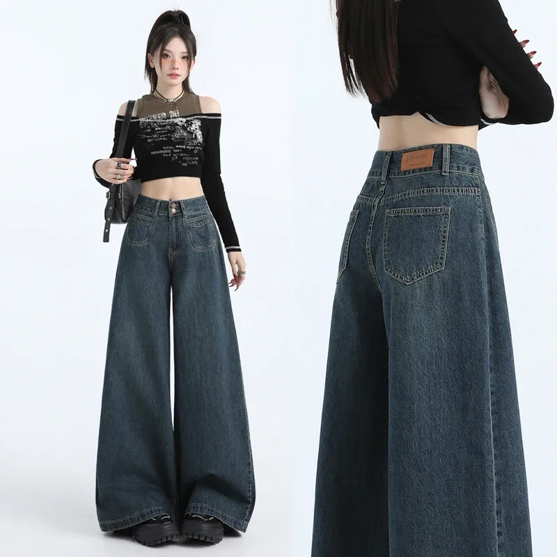 

Vintage Baggy Wide Leg Jeans for Women Hip Hop Wash Casual High Waist Loose Denim Pants Streetwear Korean Straight Trousers 2024