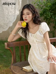 MISHOW Short Sleeve Elegant Dresses for Women 2024 Summer Square Collar Temperament Sweet Female Dress Clothing MXD24L1894