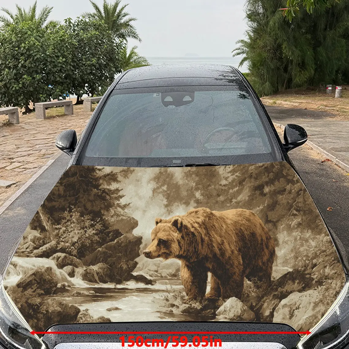 Car Decal Bear with Stream-Rocky Terrain Textured Motif in Artistic Wildlife-Majestic Style - Bold Terrestrial Dominant Fantasy