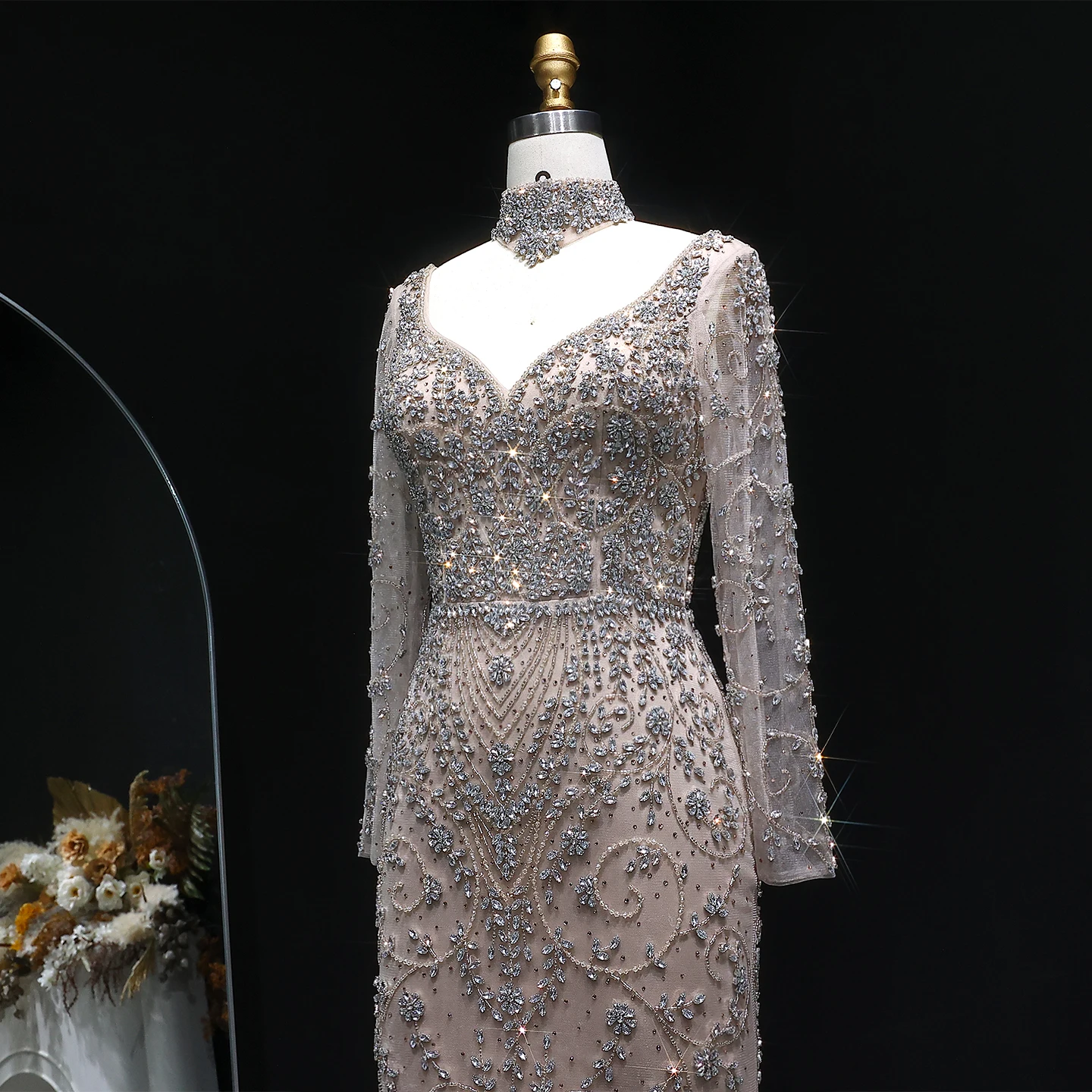 Sharon Said Luxuriöses Arabisches Dubai Rosa Meerjungfrauenkleid mit Langen Ärmeln, Perlenbesetztes Formelles Abendkleid für Hochzeit, Party, Ball, SS181 Maßanfertigung – Detail 20