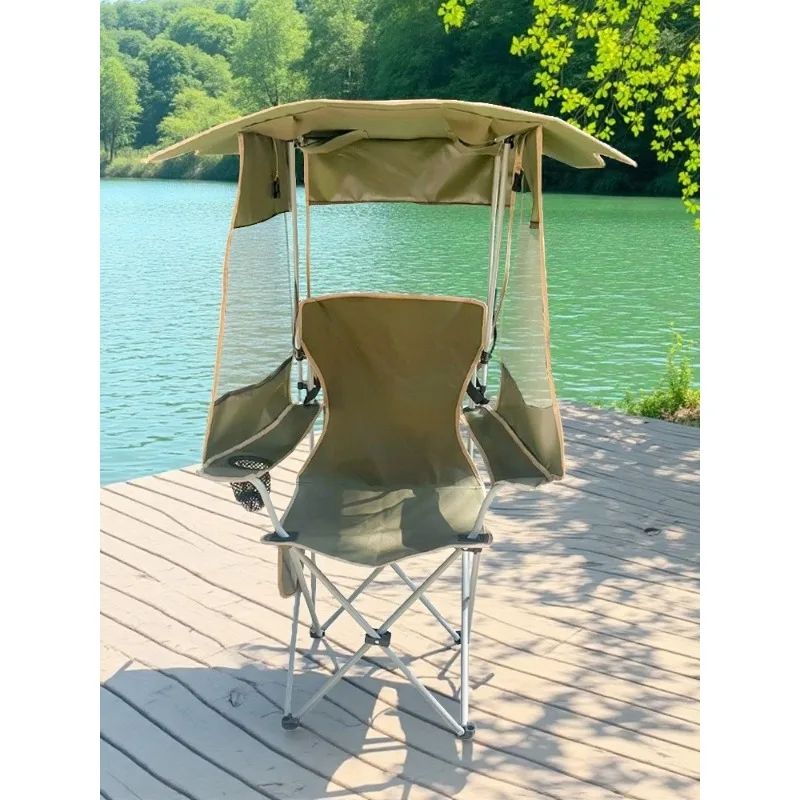 

Carbon Steel Foldable Fishing Chair & Table Set, Portable Outdoor Leisure Stool with Sun Canopy for Camping Angling Picnic