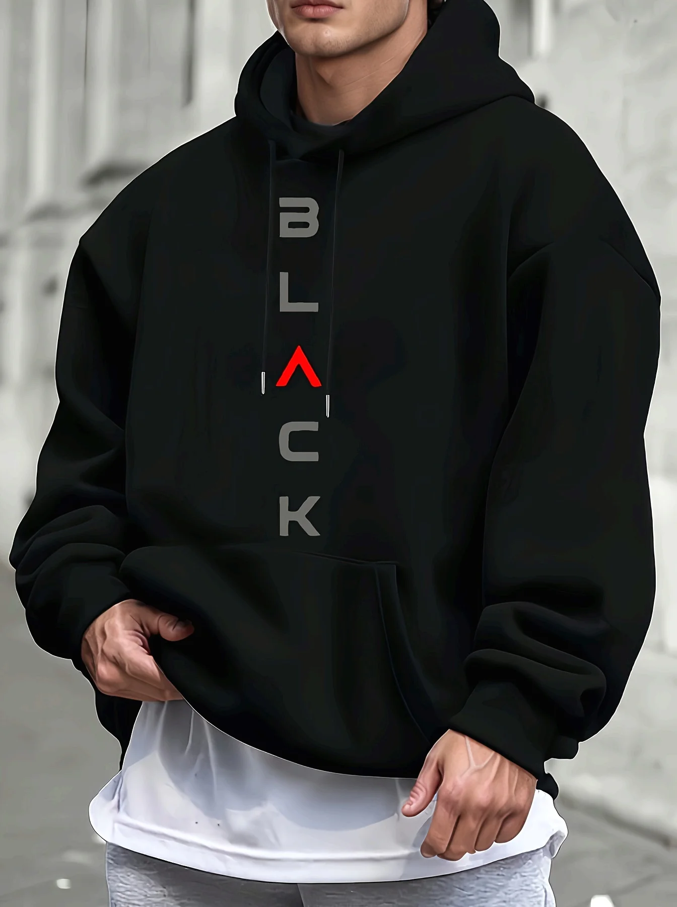 Minimalist letter pattern, vertically stitched letter print drawstring pocket hip-hop sport casual pullover hooded sweater