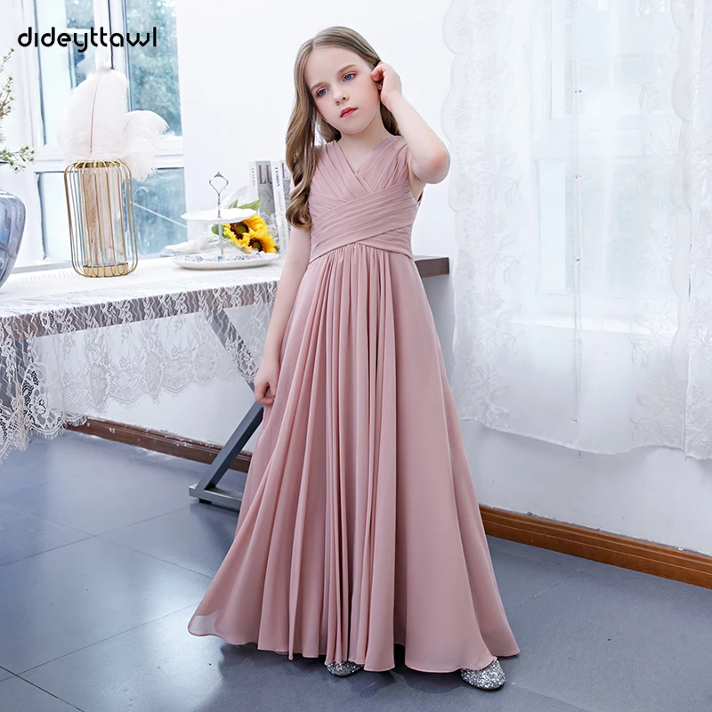 Dideymywl-vestido de chiffon plissado para meninas, simples cruzado com decote em v, vestido longo sem mangas, primeira comunhão