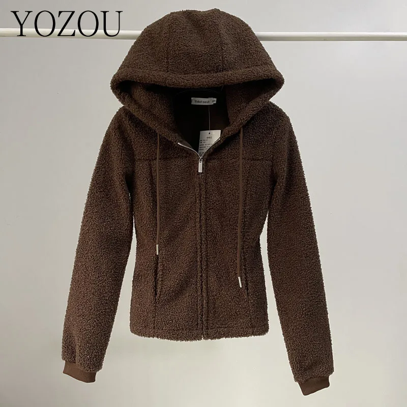 [YOZOU] Winter Autumn White Black Brown Teddy Hoodies Outerwears Zip Up Hooded Fleece Jacket Korean Style Women Crop Top