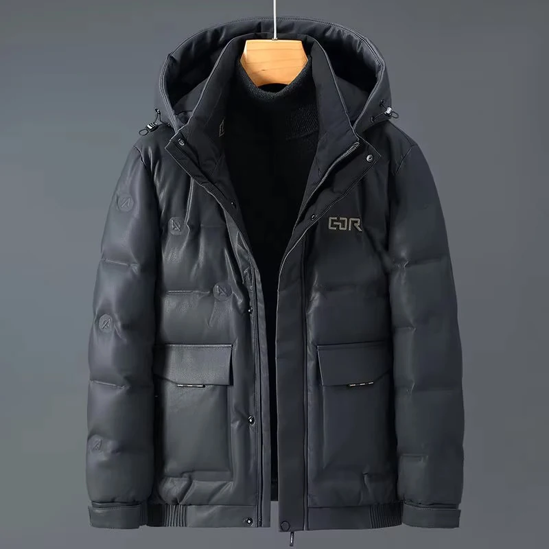 Down Jacket Men Winter Sheepskin Hooded Puffer Jacket Men Casual Warm Outdoor Waterproof No Wash Leather Jacket Down Coat Male