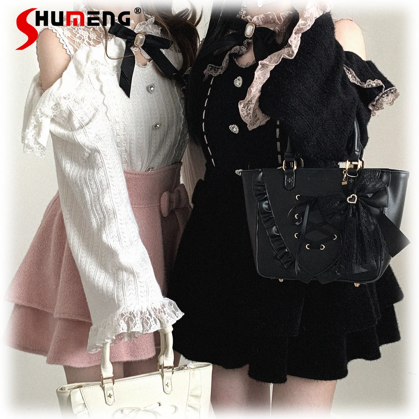 

Original Japanese Sweet Lace Patchwork Stand Collar Off-Shoulder Long Sleeve Heart Button Lolita Shirt Top for Women 2026 Spring