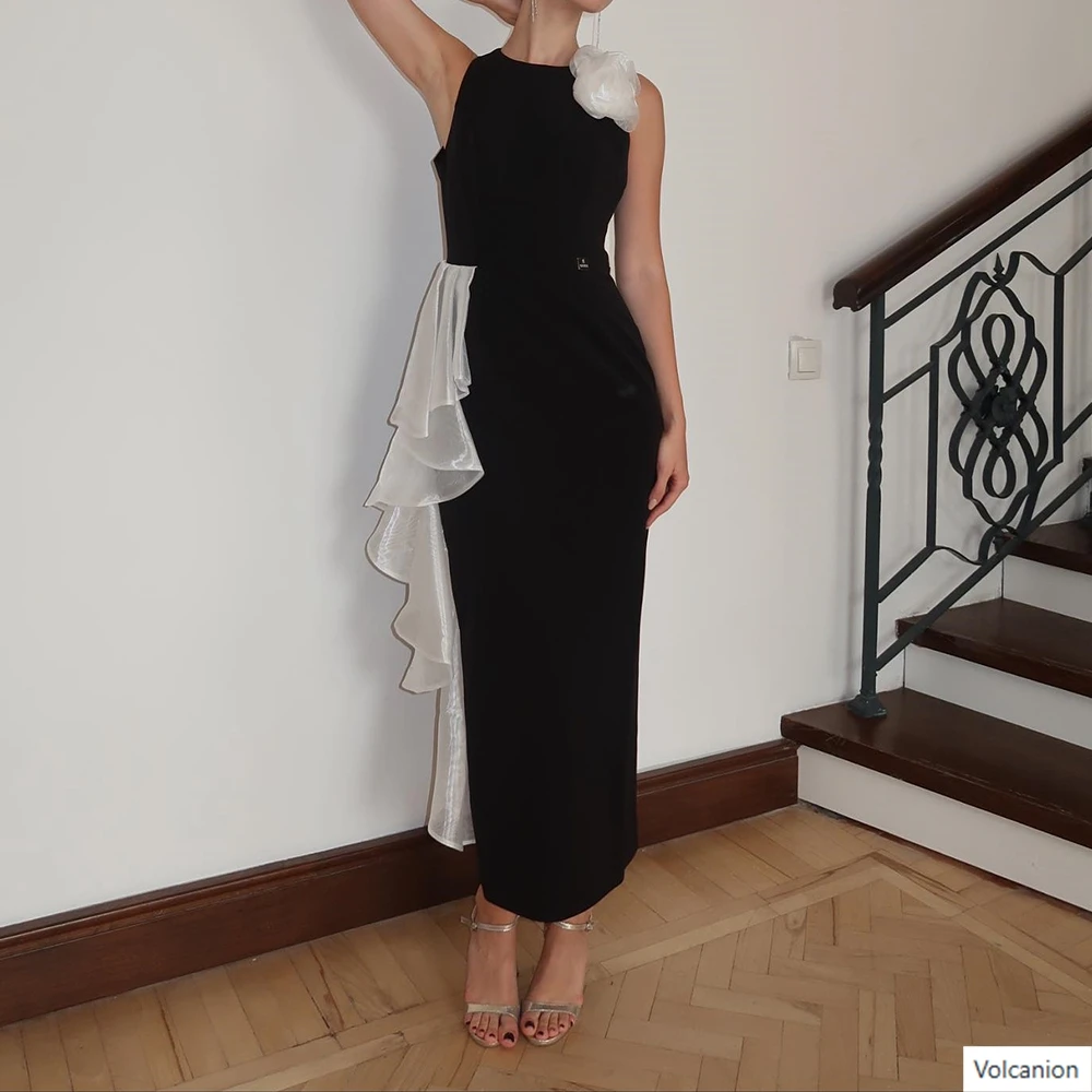 

Customized Straight Evening Dresses Tea-length O-neck Sleeveless Prom Gown Simple Fsahion Ruched Draped Casual Party Gown