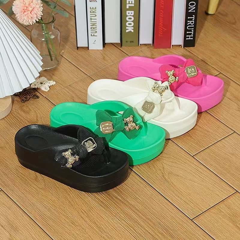 2024 NewWomen Flat Bow Flip Flops Women Summer Platform Flops Female Thick Sole Mules Outdoor Fashion Casual Comfortable Slides