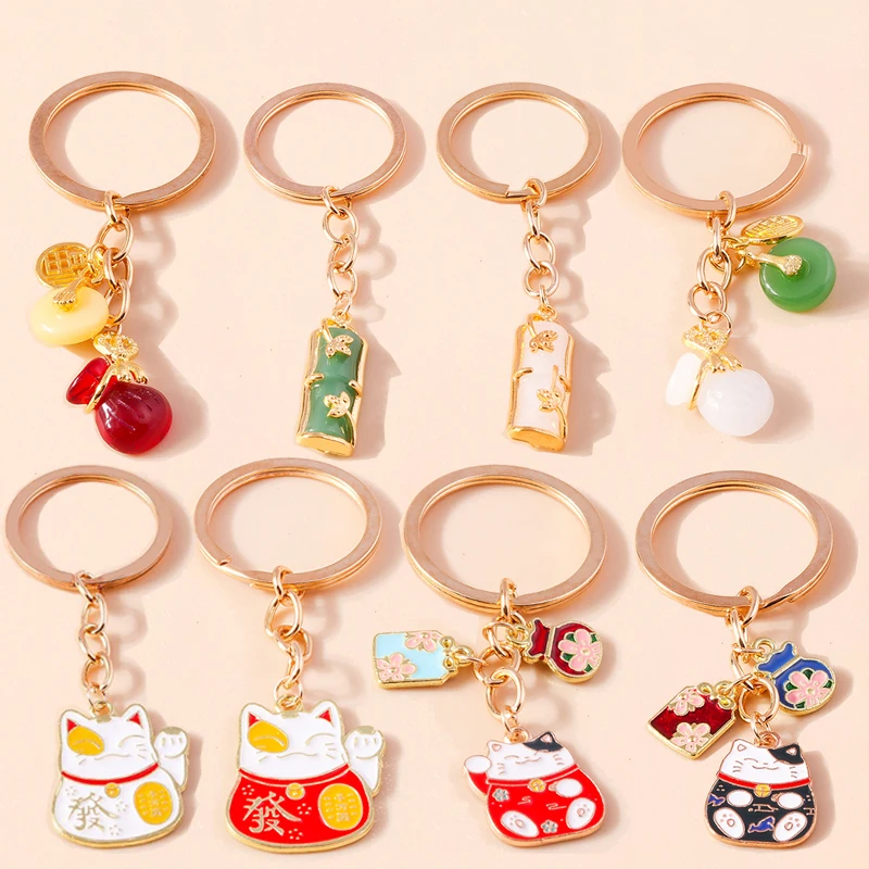 Lovely Enamel Fortune Cat Keychain Charms Gemstone Key Rings Gifts for Women Men Handbag Pendants DIY Jewelry Accessories