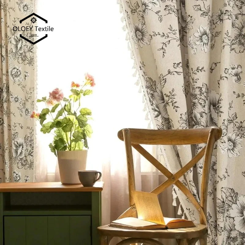 

Farmhouse Curtains for Kitchen Living Room Bedroom Boho Floral Design Semi Sheer Drapes Rod Pocket Window Coverings Home Decor