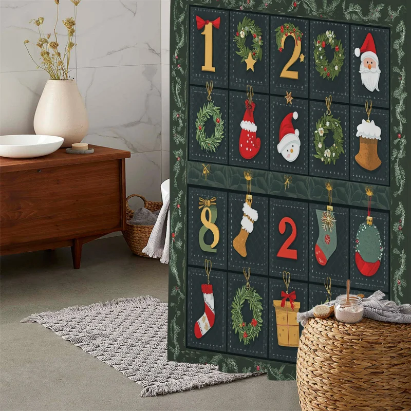 Vintage Christmas Advent Calendar & Festive Florals Woven Polyester Bath Drapery, Machine Washable, Water-Resistant with 12 Hook