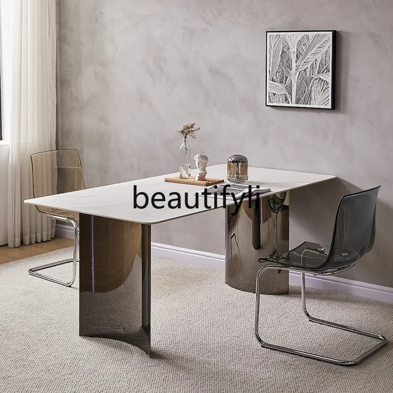 

Italian Style Rock Plate Dining Table Small Apartment Cream Style Rectangular Restaurant 6 Person Dining Table