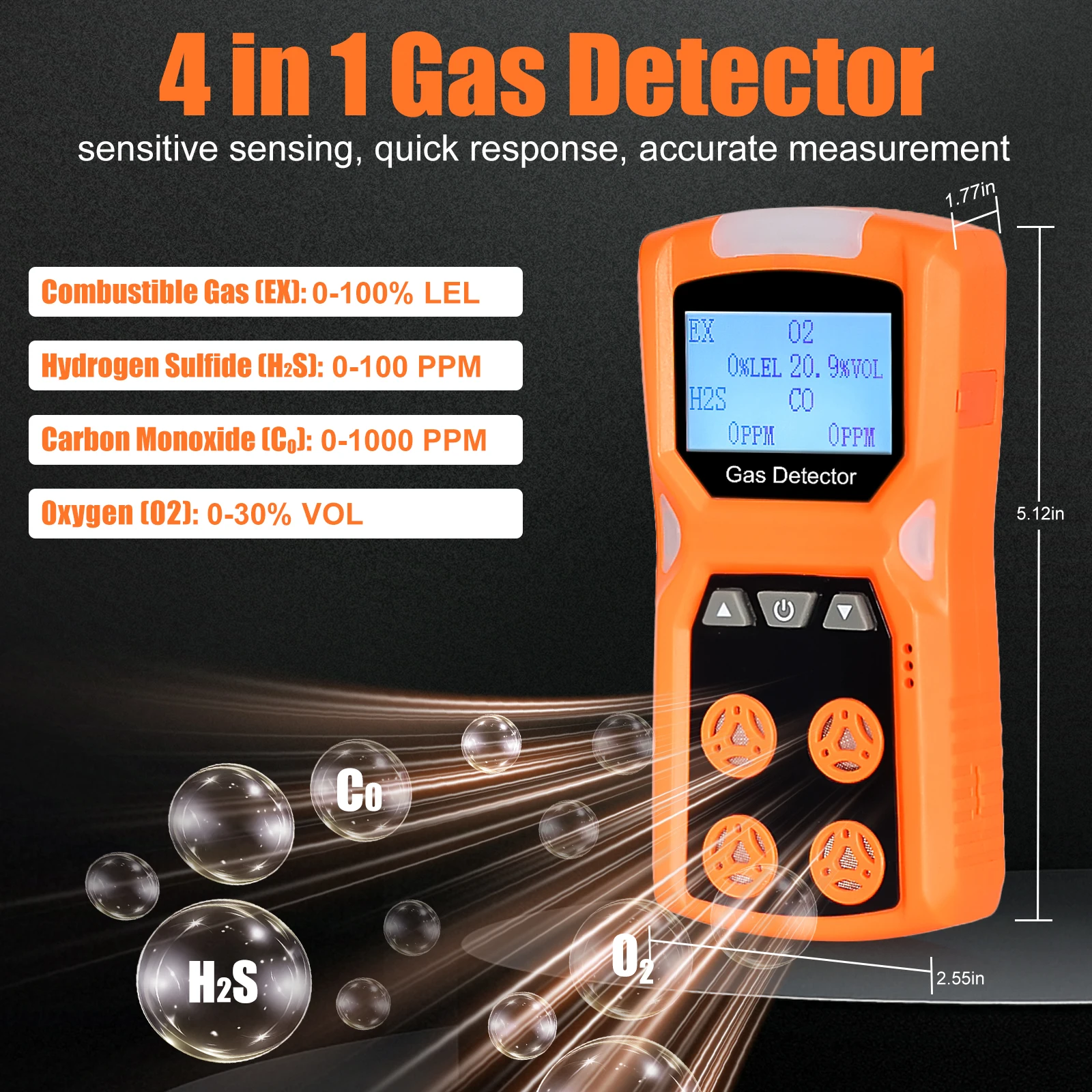 Multi Gas Detector Gas Meter O2 H2S CO LEL 4 in 1 Oxygen Hydrogen Sulfide Carbon Monoxide Combustible Gas Leak Detector 4in1