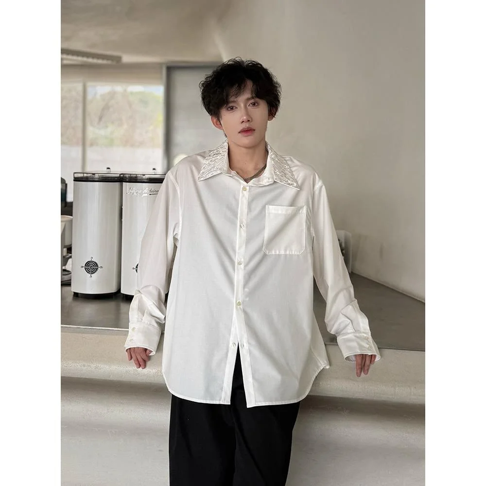 

4JUNKS Embroidered Floral Collar Men's irt Ice Silk Long Sve Dra oulder DK Outerwear White Casual Inner Wear