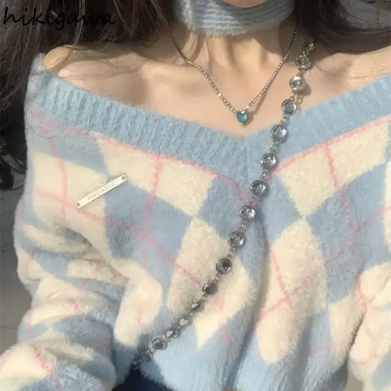 Cropped Pullovers Women Sueter Mujer V-neck Long Sleeve Plaid Pull Femme Y2k Clothes Tops Fashion Knitted Korean Sweater Jumper