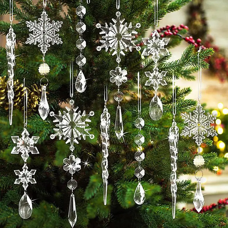 10 pçs sinos claros para árvore de natal acrílico pendurado ornamentos vívido floco de neve falso sincelo para árvore de natal decorações de festa de casamento