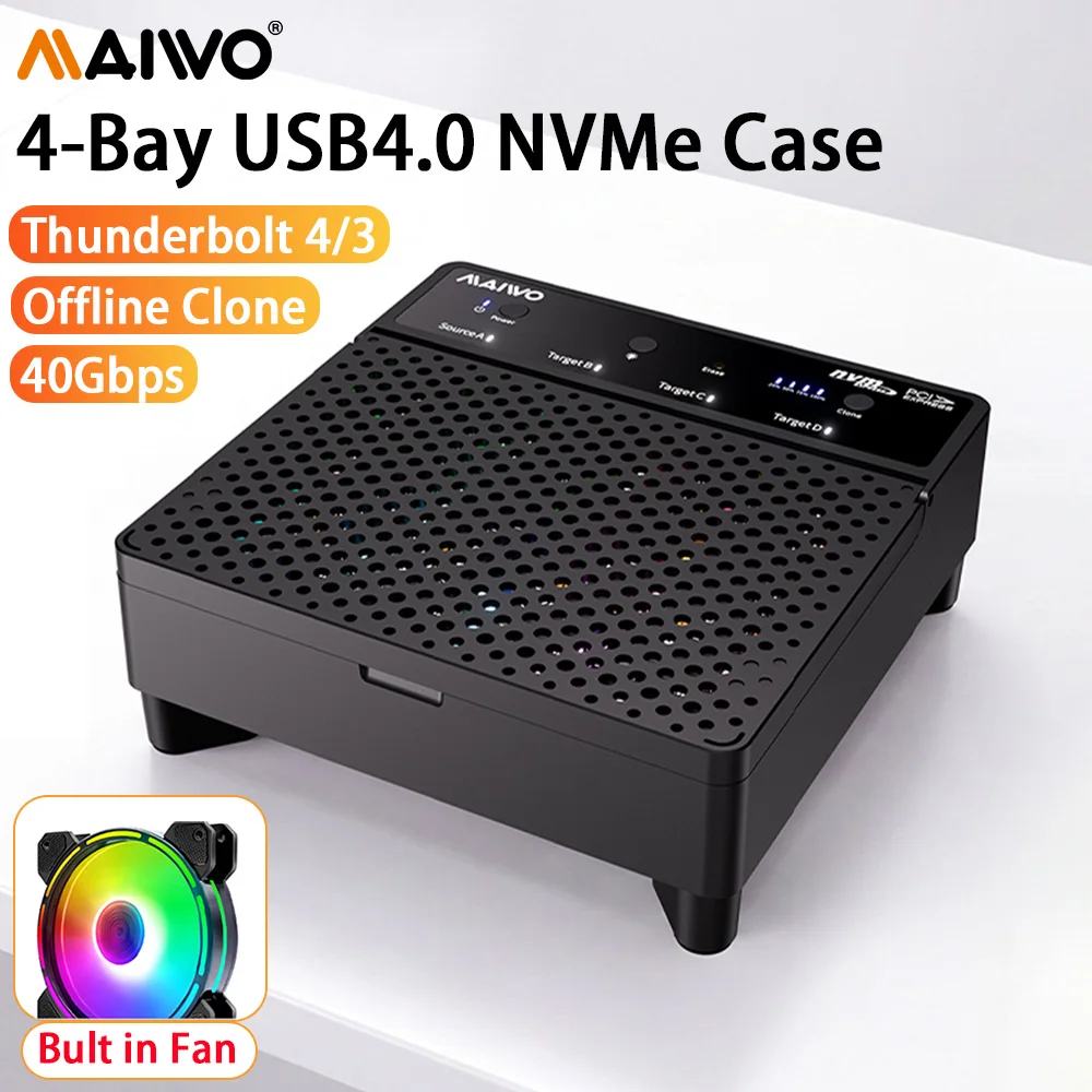 MAIWO 4 Bay M.2 NVMe SSD Enclosure USB4 40Gbps to 4 M.2 NVME SSD Case Thunderbolt 3/4 with Built-in Cooling Fan Supports M/B&M
