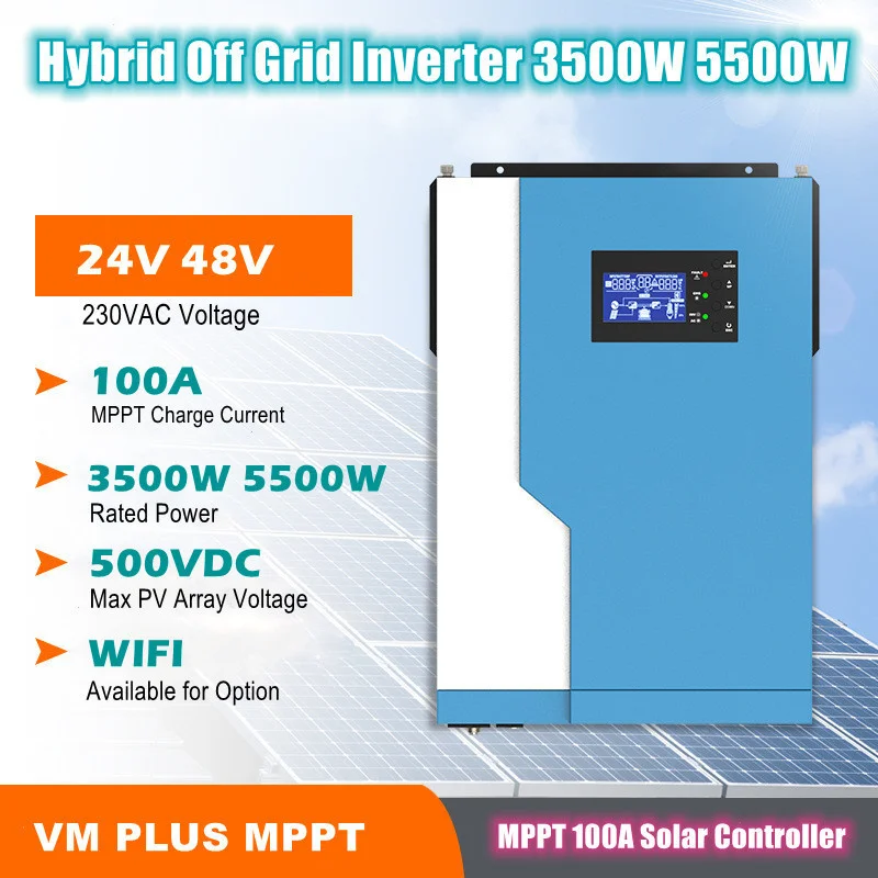 Híbrido fora do inversor 3500w 5500w da grade onda senoidal pura 24v 48v mppt 100a controlador solar max 500vdc pv entrada com wifi