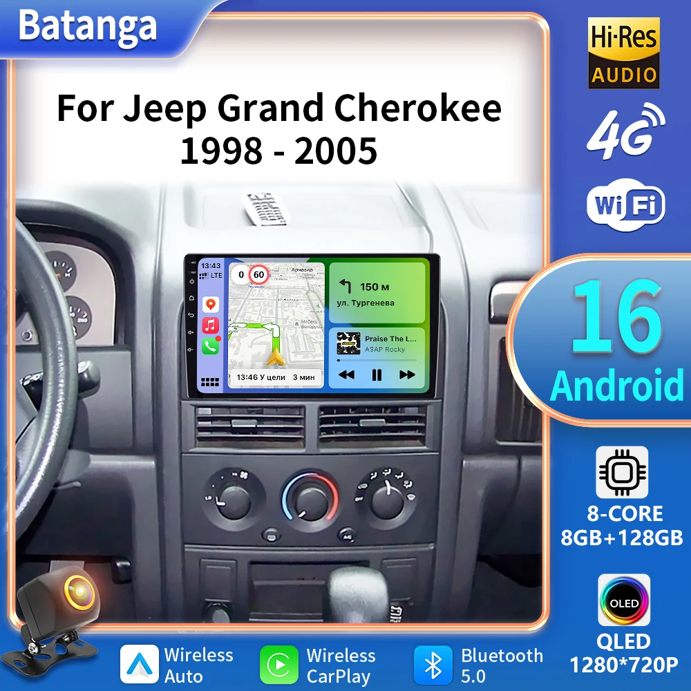 Android 16 Carplay 2DIN Multimedia Player Stereo for Jeep Grand Cherokee II WJ 1998-2005 with Navigation GPS WiFi 5G
