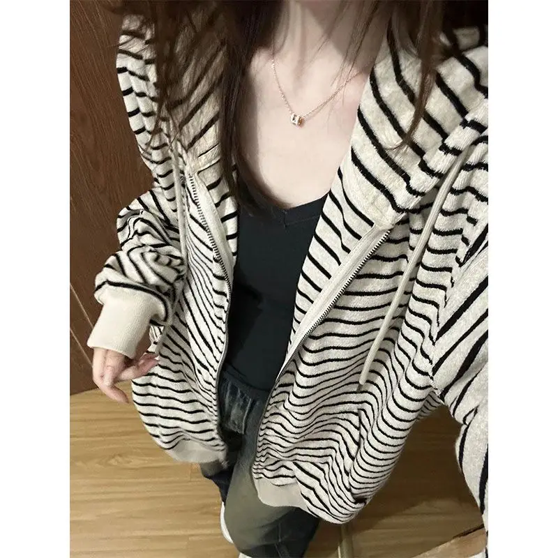 

Американский летний свободный кардиган-худи в полоску для женщин, шикарный топ в гонконгском стиле, 100% хлопок, удобный свитшот