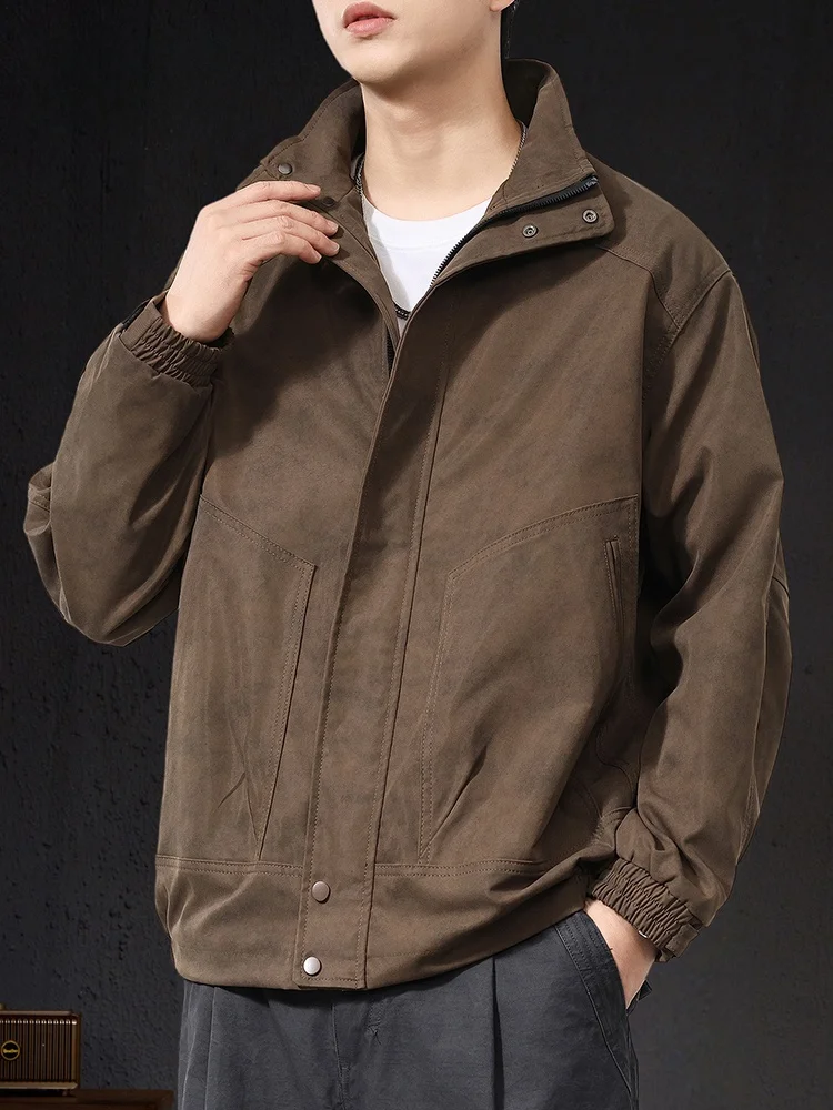 

2025 New Men's Brown Stand Collar Jaet Outerwear Motorcycle Workwear Top Faion Urban Loose Fit Polyester Nylon Cosite ...