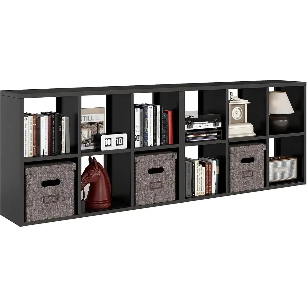 

Metal Cube Storage Organizer, Short Bookshelf with Storage, 2 Tier Black Bookshelf, Horizontal Cube Shelves, Short Display Cabin