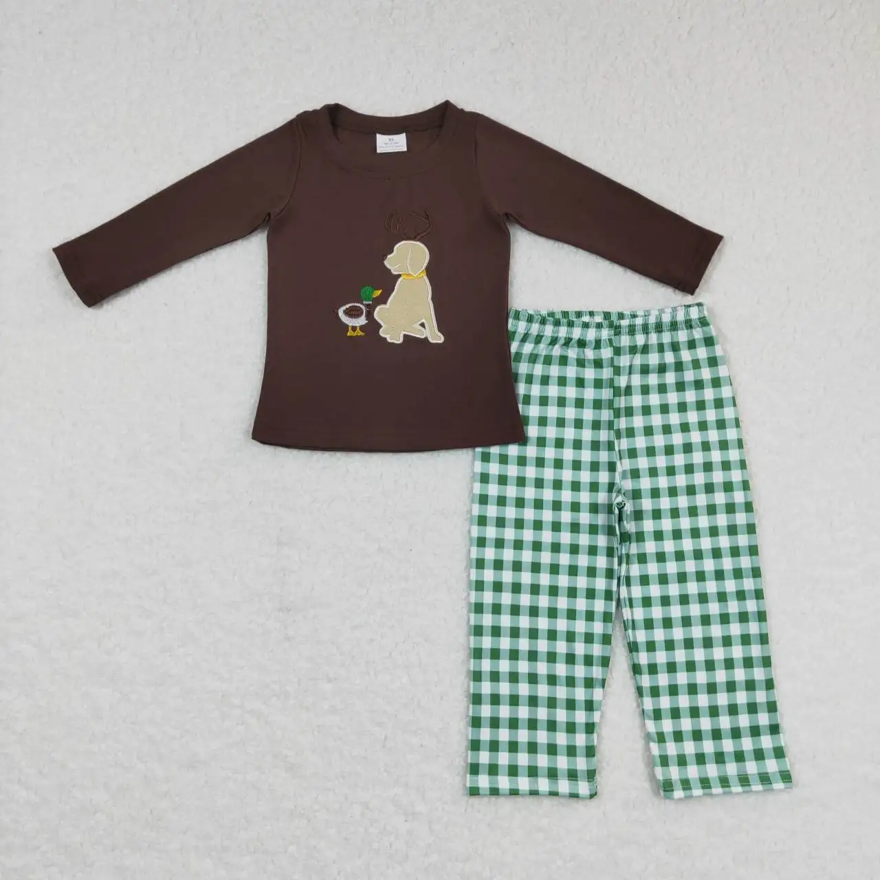 RTS children's suit boy's embroidered mallard puppy brown long-sleeved green and white plaid trousers suit boy's autumn suit