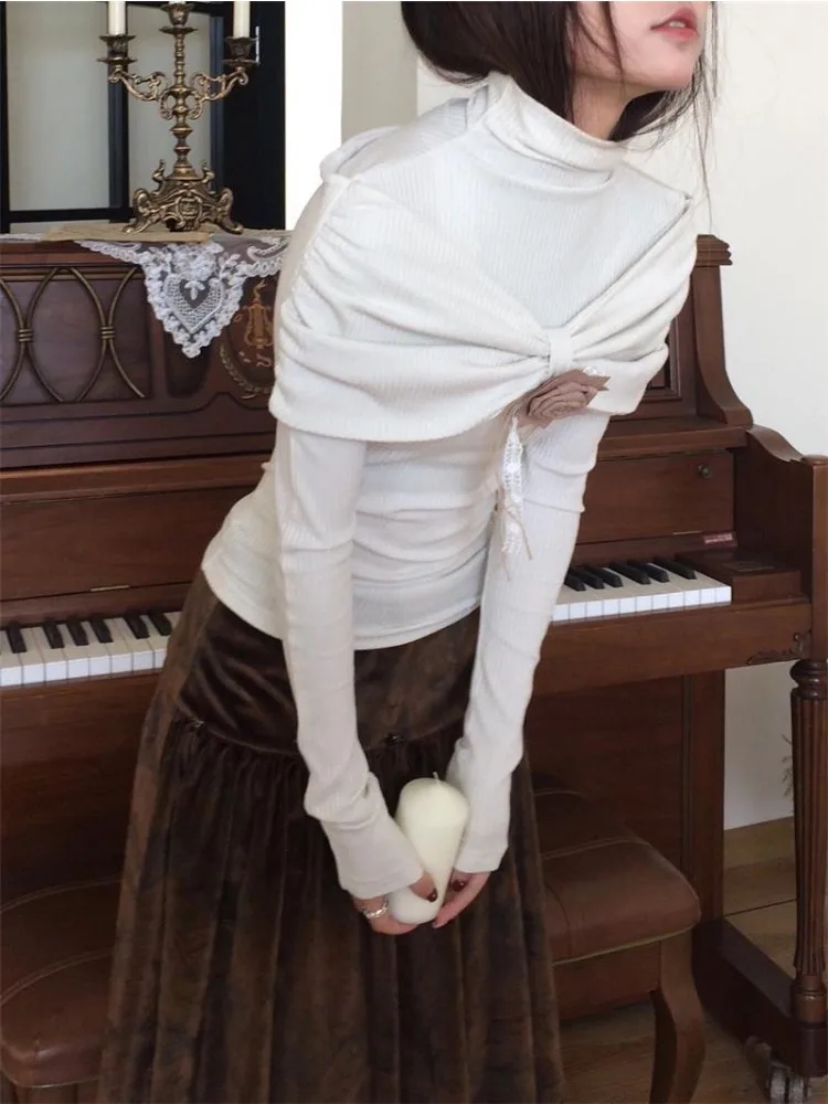 

Y2k белый свитер с высоким воротником женский винтажный Harajuku цветок тонкий пуловер с длинными рукавами весна осень элегантные вязаные топы