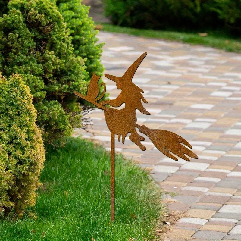 1Pc Vintage Rusty Iron Witch Broom Cat Garden Ground Stake Halloween Yard Landscape Decor Limited Edition Outdoor Festival