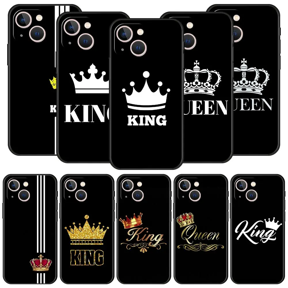 Couple Style Cartoon Crown king Queen Luxury Phone Case For iPhone 13 15 14 12 Mini 11 Pro MAX XR X SE XS 7 8 Plus Black Cover