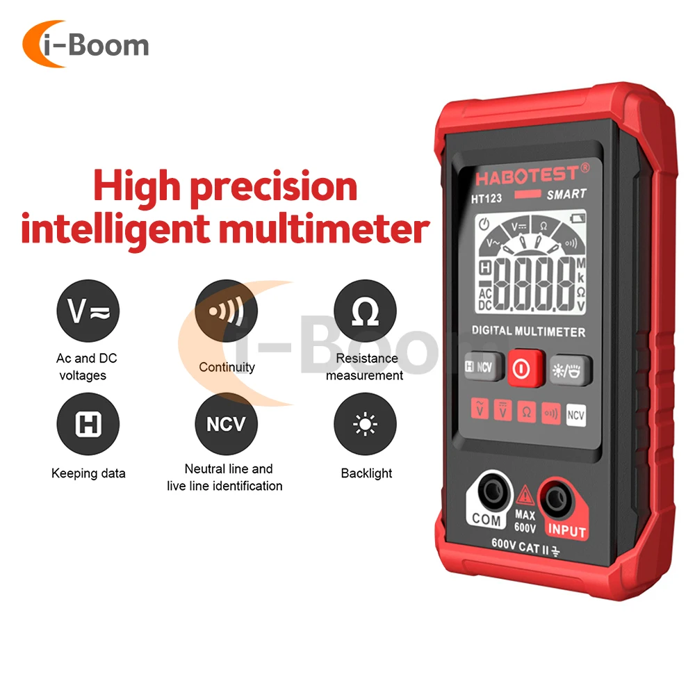 HT123 Multímetro Digital Inteligente AC/DC Tensão Resistência Continuidade Medição Tester NCV Multímetro Elétrico com Luz de Fundo